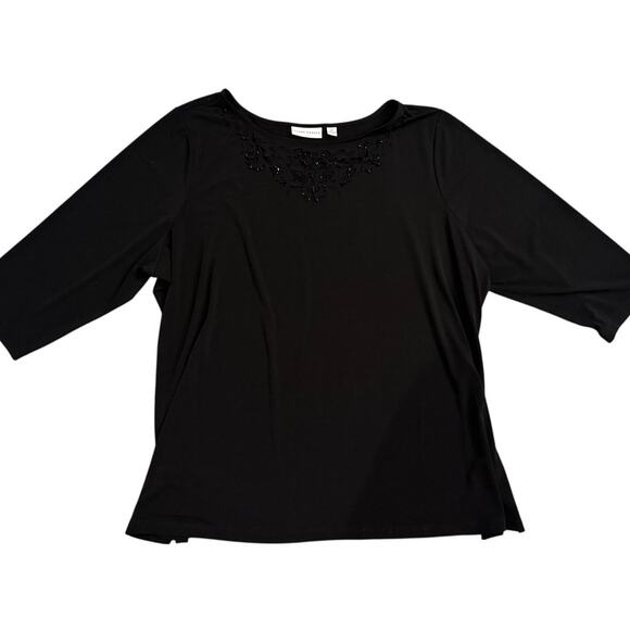 Susan Graver Black Top Women’s 2X Cutout Beaded Detail 3/4 Sleeve - Picture 2 of 4